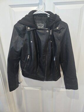 Levi Strauss Black Faux Vegan Leather Zip Up Hooded Jacket Size Small